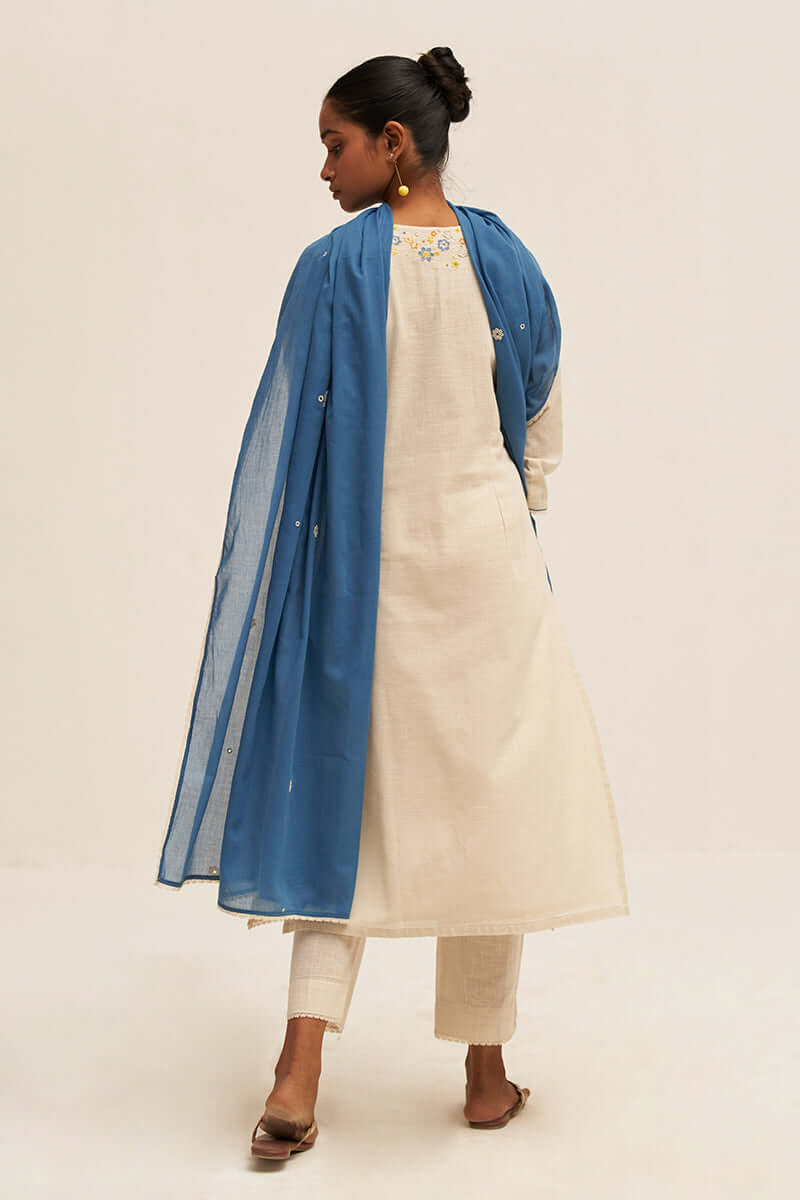 Cream and Blue Cotton Linen Embroidered Salwar Suit