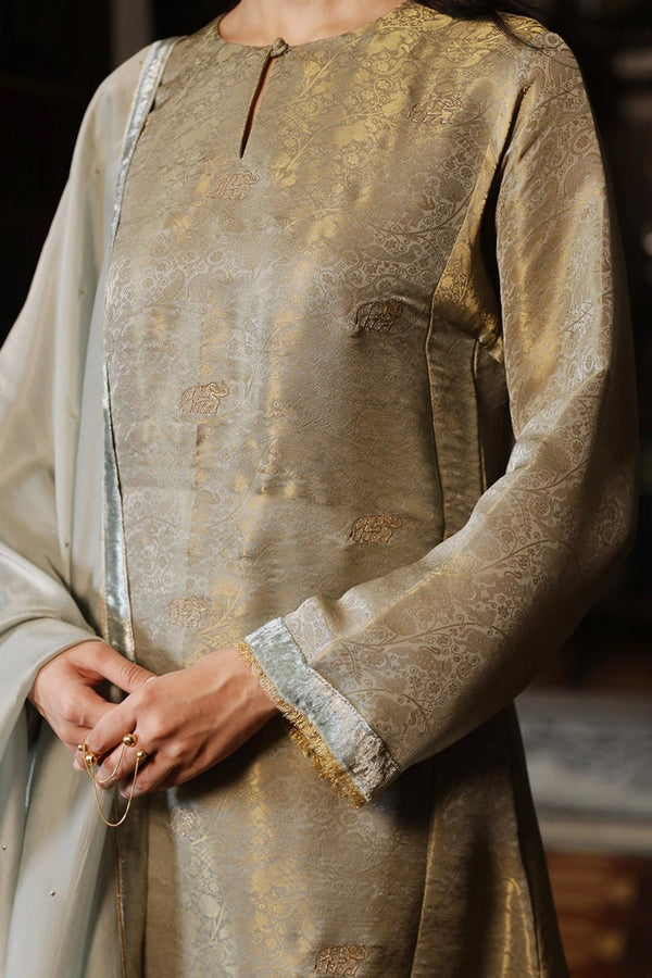 Belgian Block Grey and Golden Silk Woven Salwar Suit
