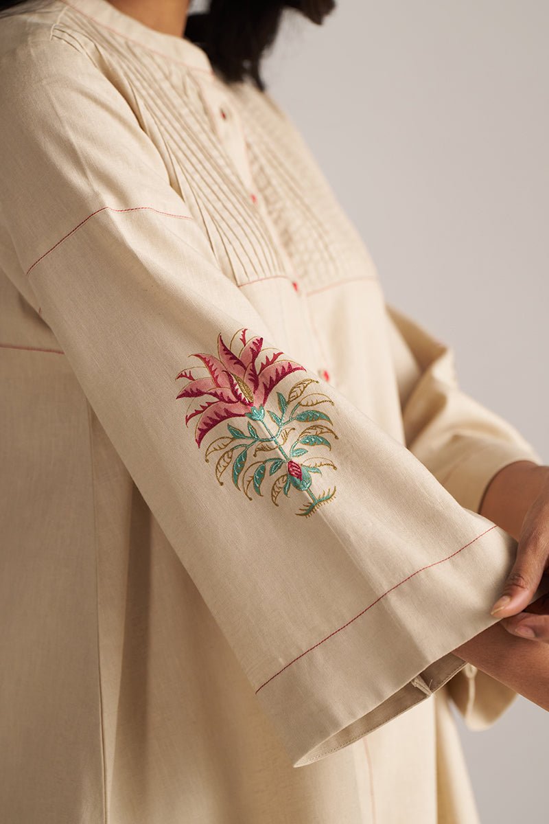Beige kurta with floral embroidery on a plain background | Brown Rice Co-ord Set – Solid Ethnic Wear | Ganga Fashions
