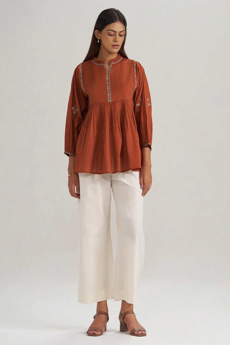Rust Embroidered Mul-Mul Tunic