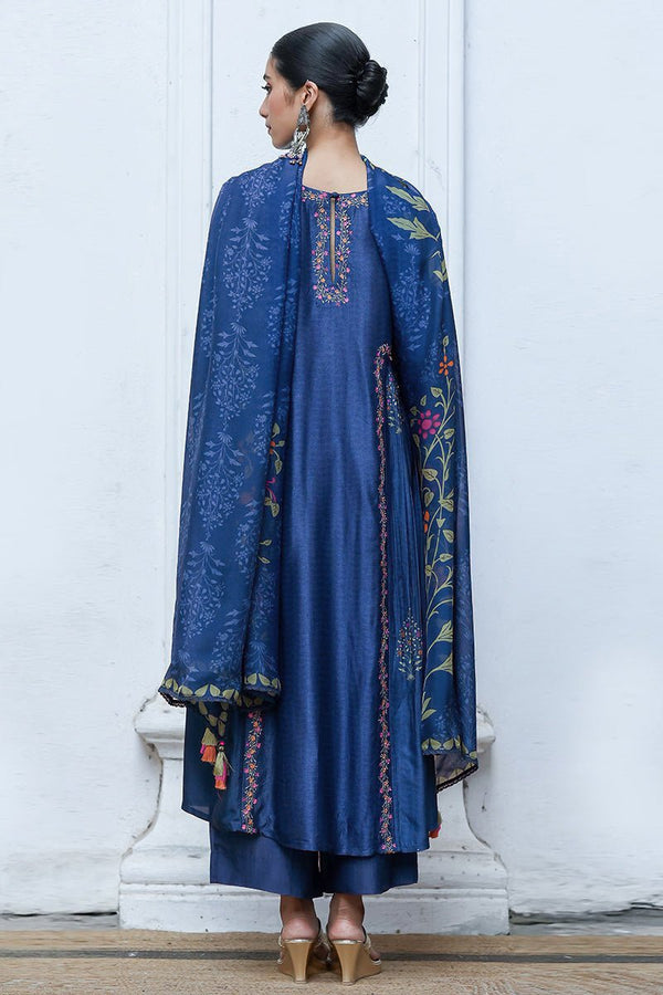 Blue Raw Silk Salwar Suit With Organza Dupatta