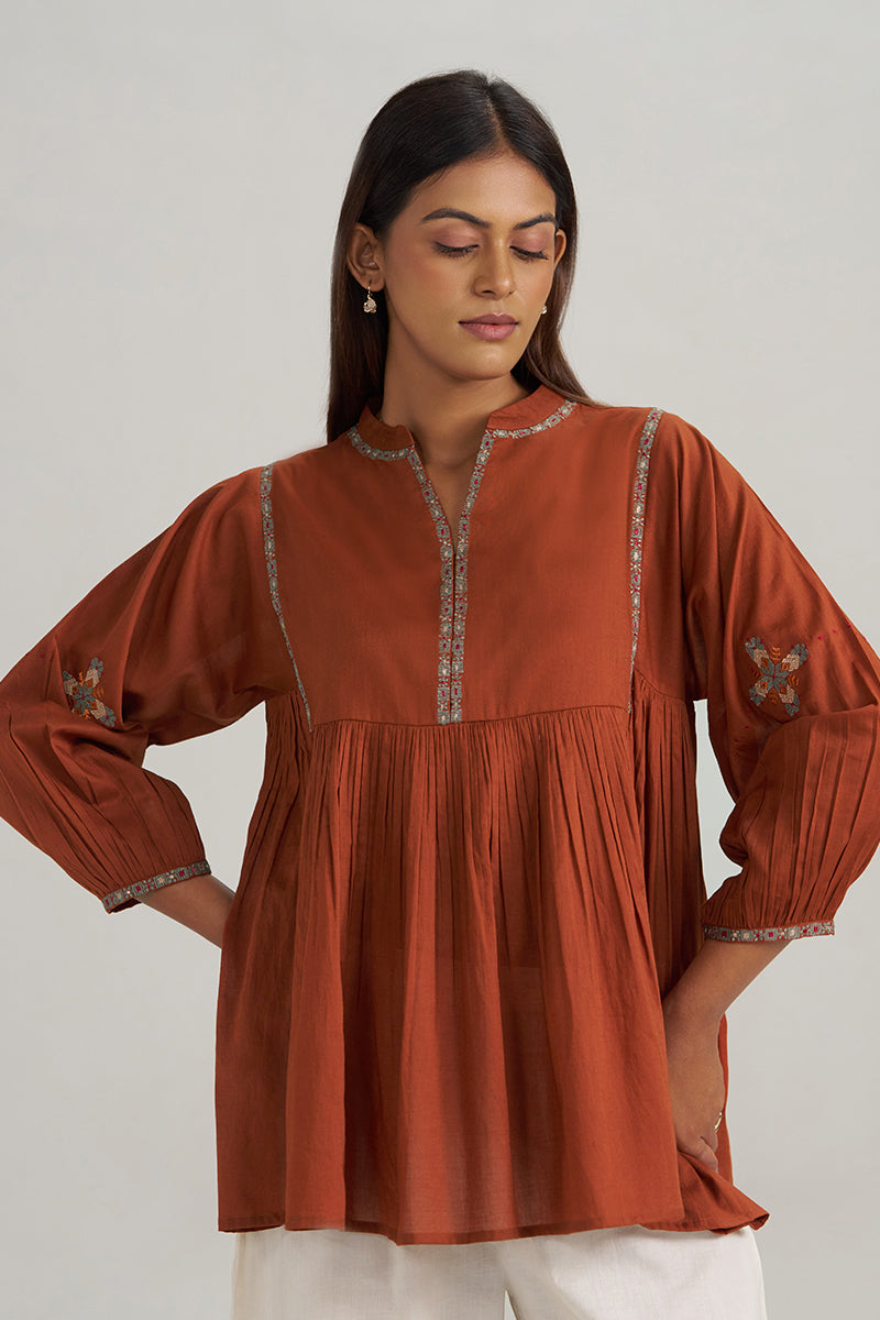 Rust Embroidered Mul-Mul Tunic