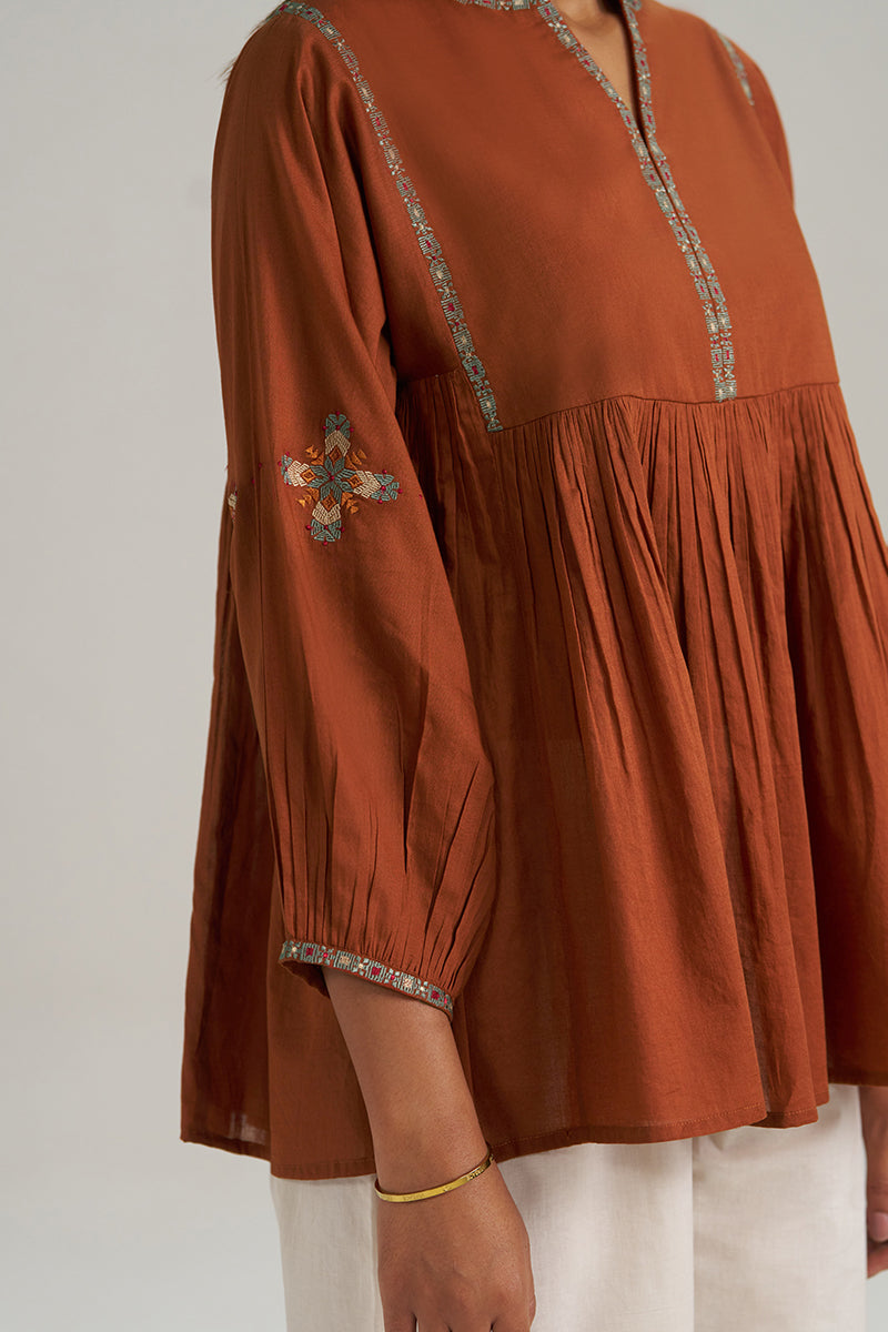 Rust Embroidered Mul-Mul Tunic