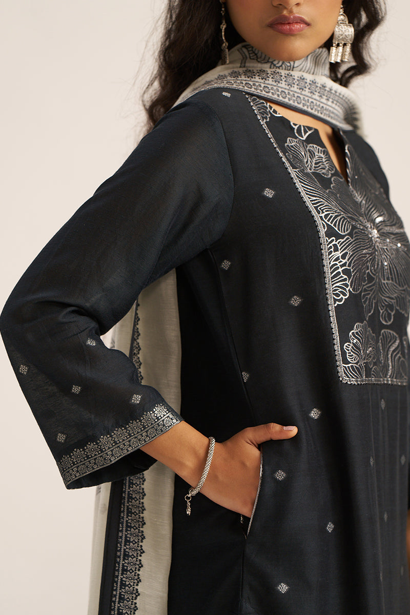 Black and Off White Woven Linen Salwar Suit