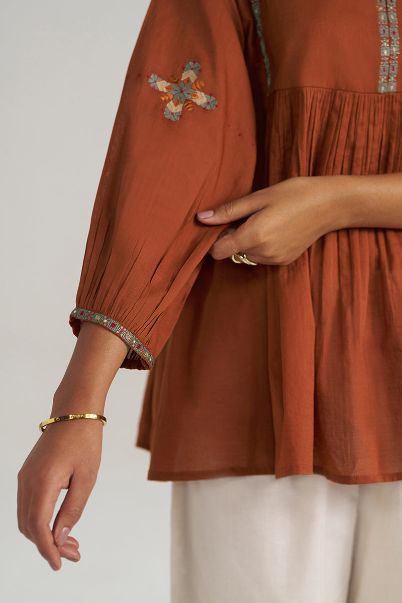Rust Embroidered Mul-Mul Tunic