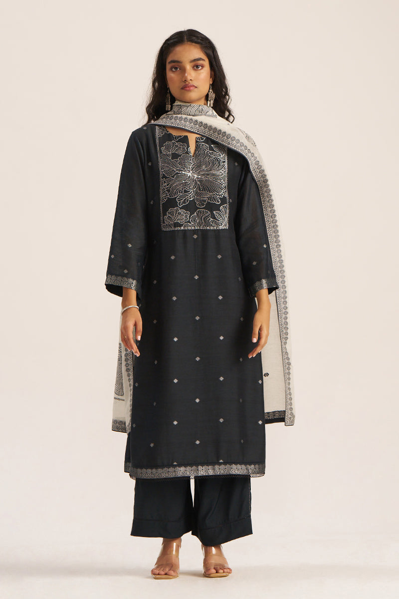 Black and Off White Woven Linen Salwar Suit