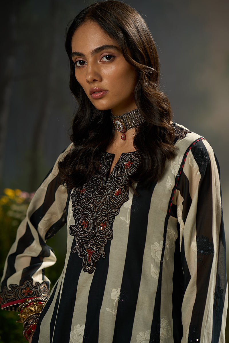 Black and Off White Stripe Traditional Co-ord Set