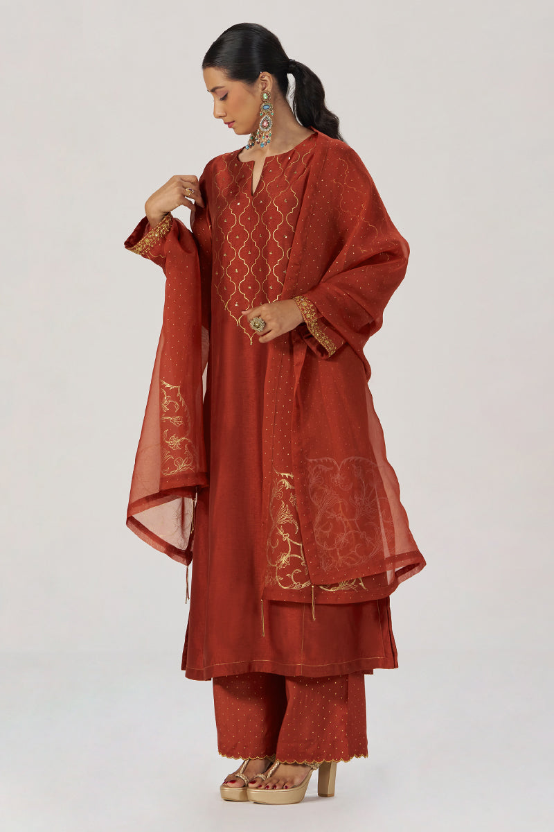 Rust Raw Silk Festive Kurta Set