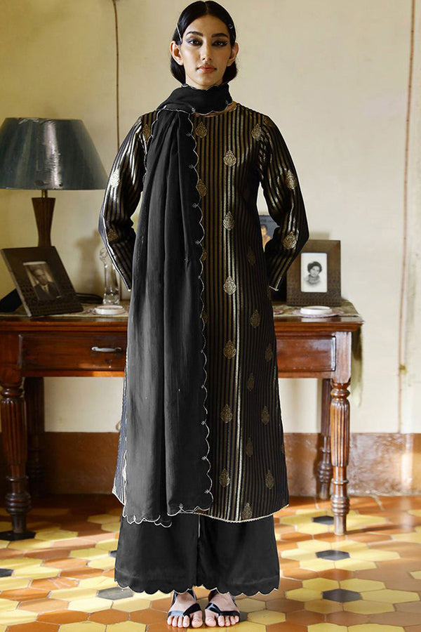 Night Black and Golden Woven Silk Salwar Suit