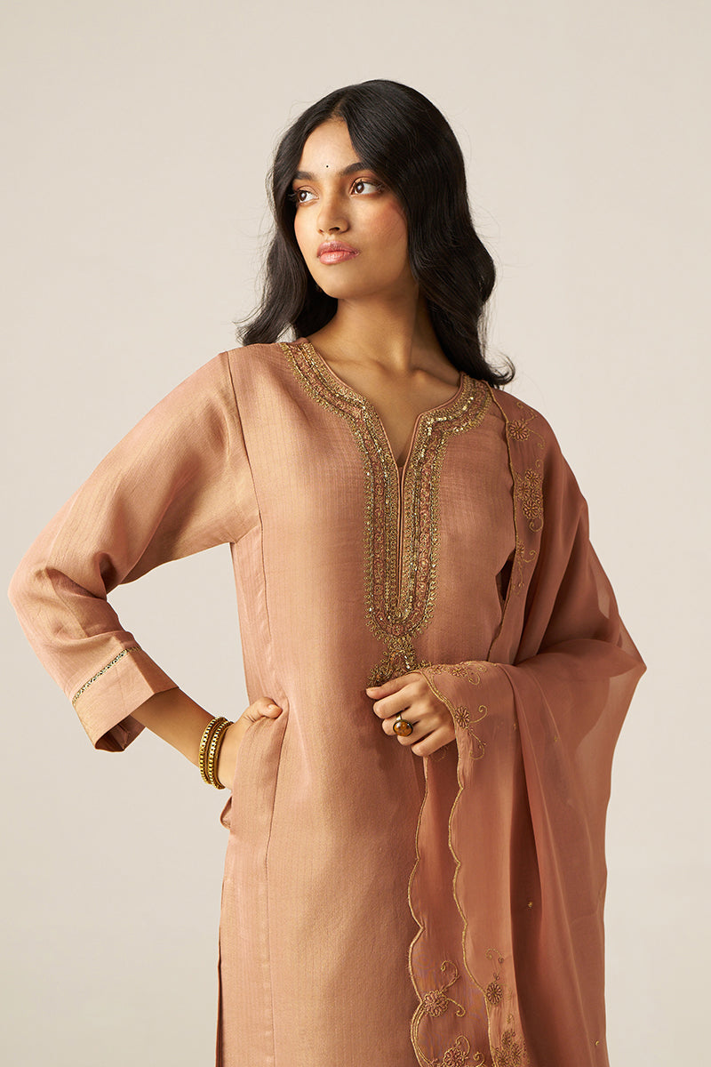 Mocha Mousse Woven Tissue Festive Kurta Set