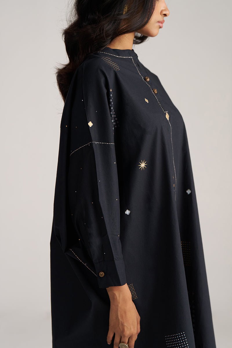 Black dress with star and moon designs on a plain background, Black Cotton Co-ord Set for Women | Rangmanch | Ganga Fashions