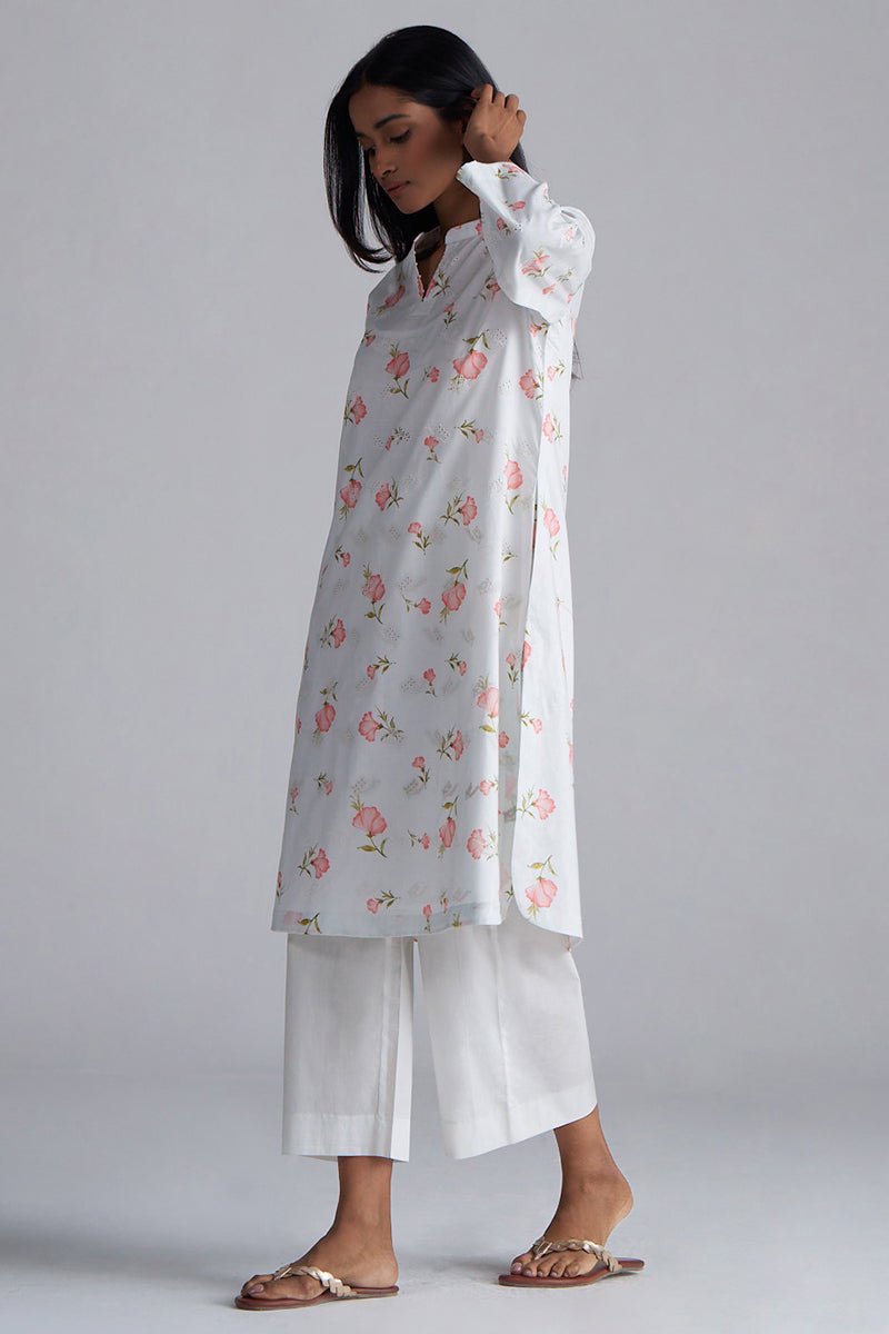 White Print and Embroidered Cotton Co-ord Set
