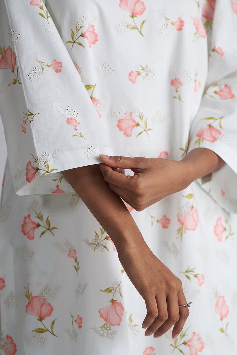 White Print and Embroidered Cotton Co-ord Set