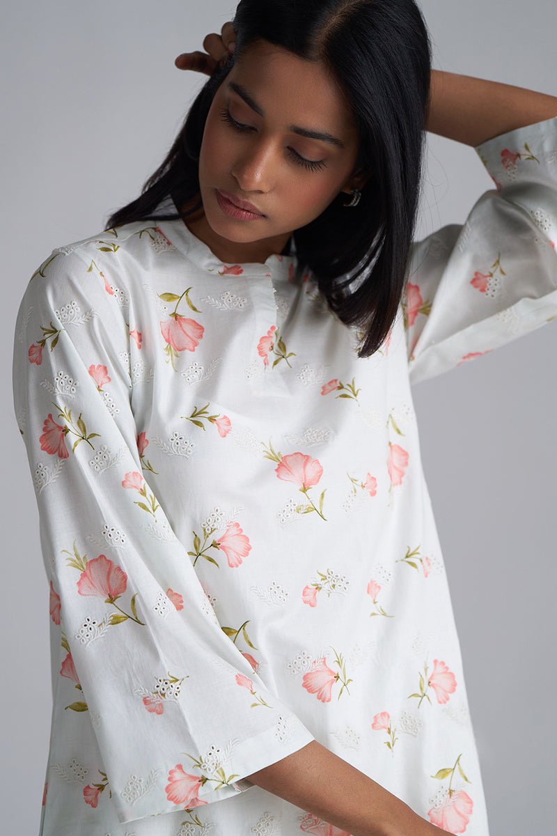 White Print and Embroidered Cotton Co-ord Set