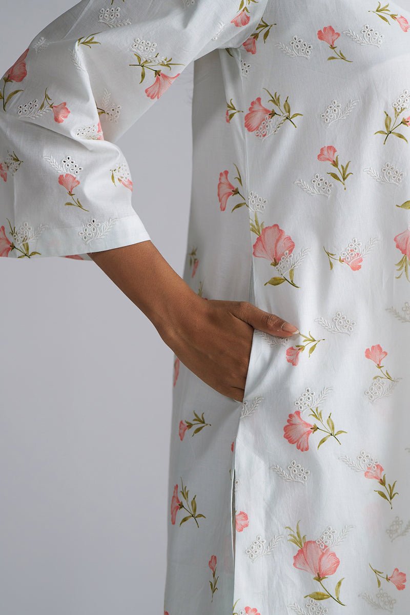 White Print and Embroidered Cotton Co-ord Set