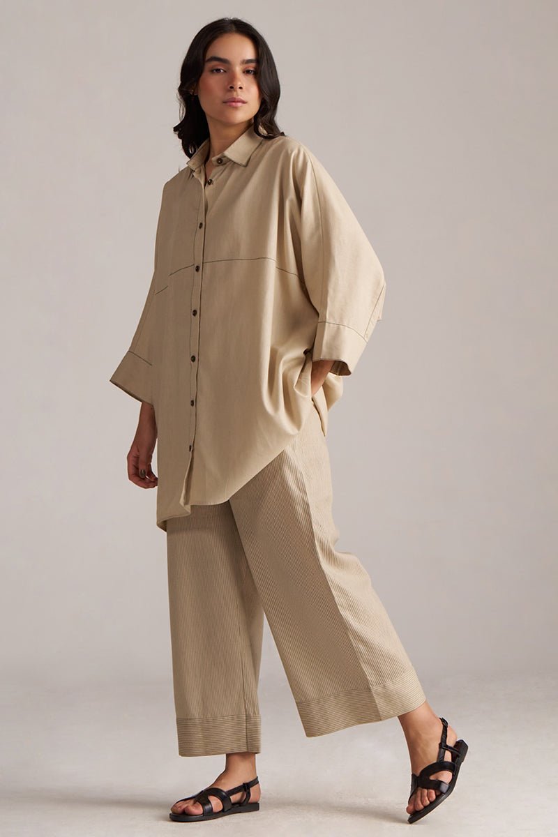 Woman wearing a beige outfit against a plain background | Brown Rice Co-ord Set for Women | Rangmanch | Ganga Fashions