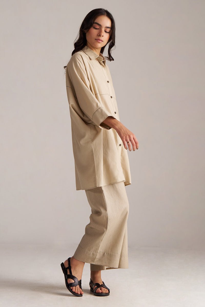 Woman wearing a beige outfit against a plain background | Brown Rice Co-ord Set for Women | Rangmanch | Ganga Fashions