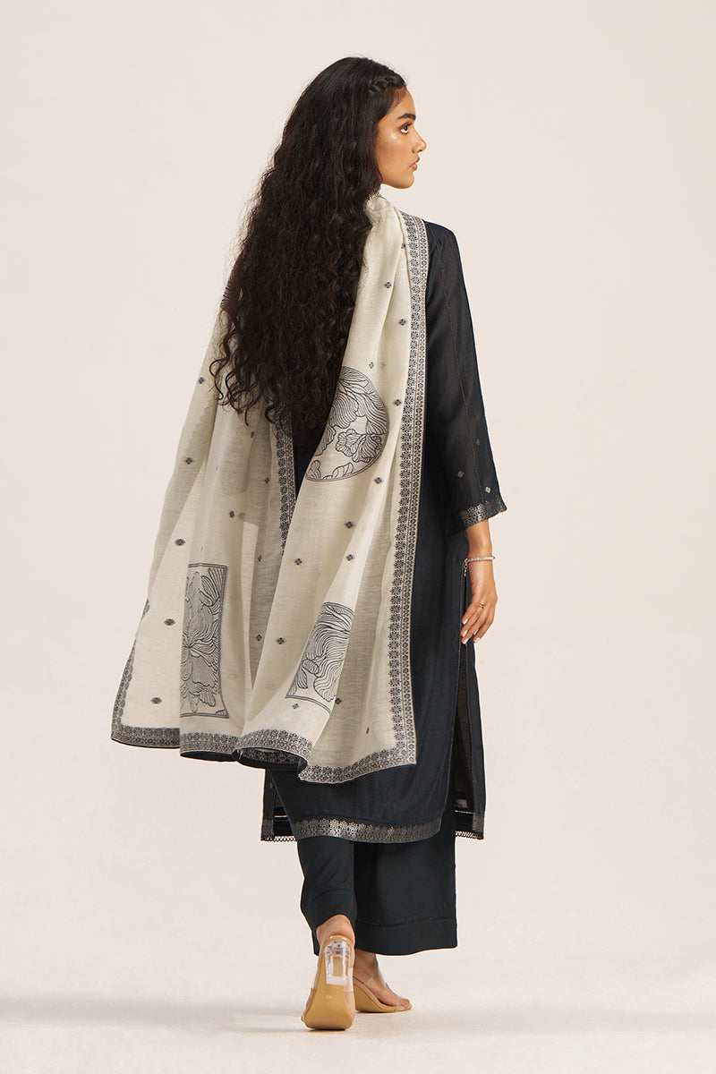 Black and Off White Woven Linen Salwar Suit