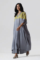 Dove Grey and Olive Gaji Silk Kaftan Set