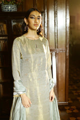 Belgian Block Grey and Golden Silk Woven Salwar Suit