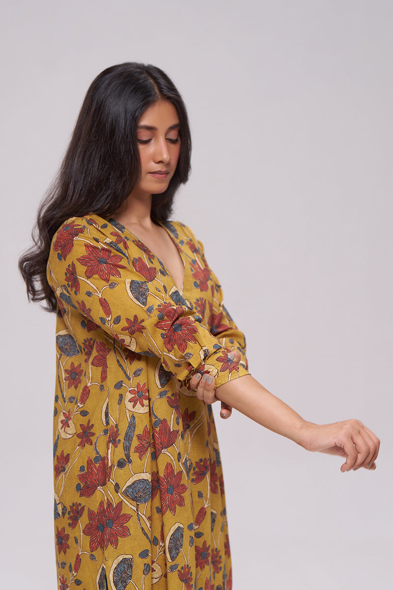 Mustard and Brick Red Floral Kurta and Stripe Bottom Set