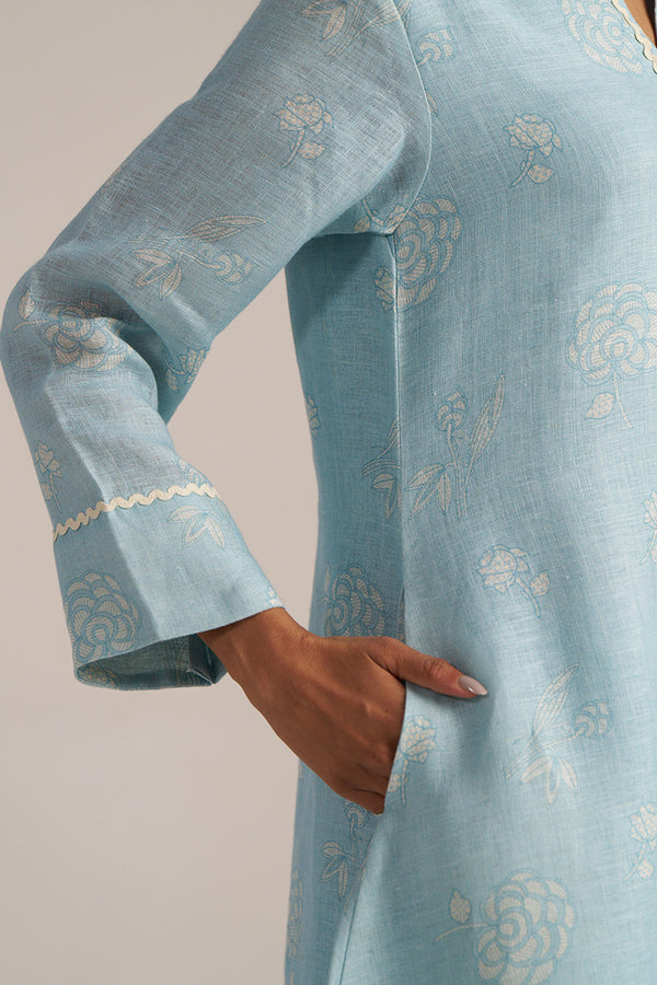 Canal Blue Linen Hand-Printed Kurta