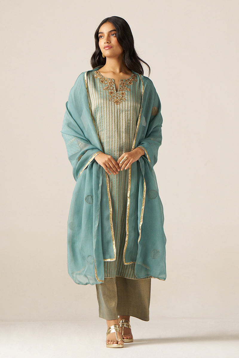 Mineral Blue Woven Tissue Festive Kurta Set