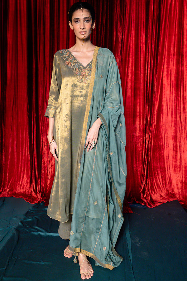 Grey and Vintage Gold Tissue Kurta Set