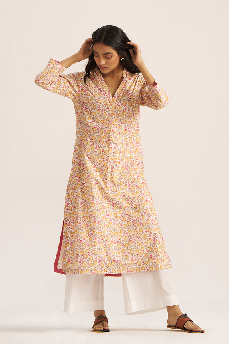 Mustard and Cream Printed Cotton kurta