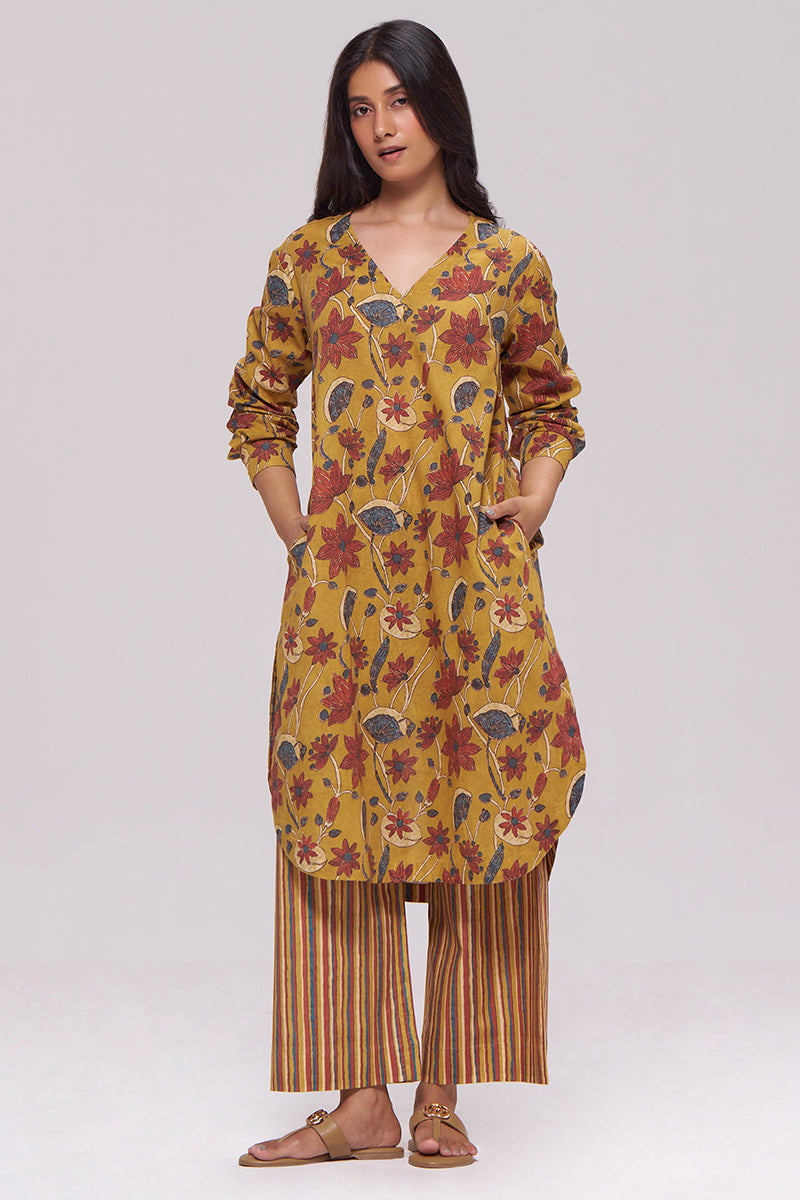Mustard and Brick Red Floral Kurta and Stripe Bottom Set