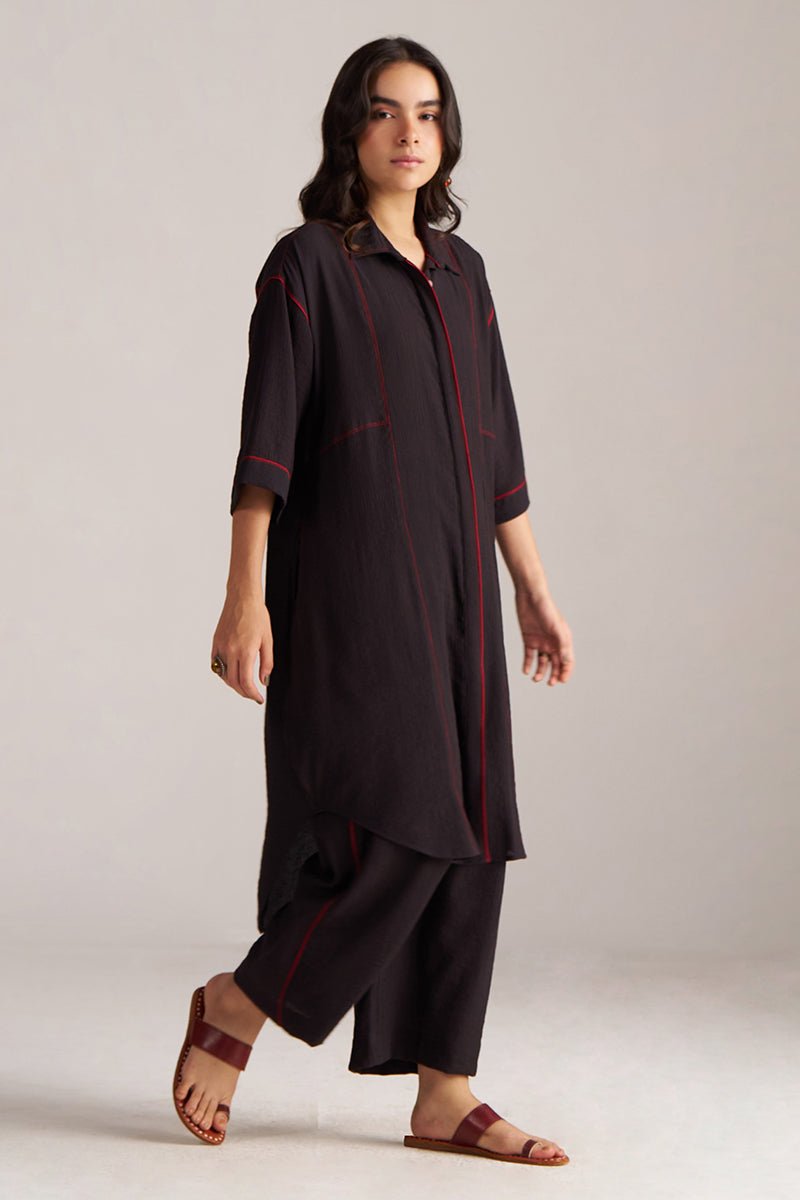 Woman wearing a black outfit with red accents on a plain background, Black Co-ord Set for Women | Rangmanch Collection | Ganga Fashions
