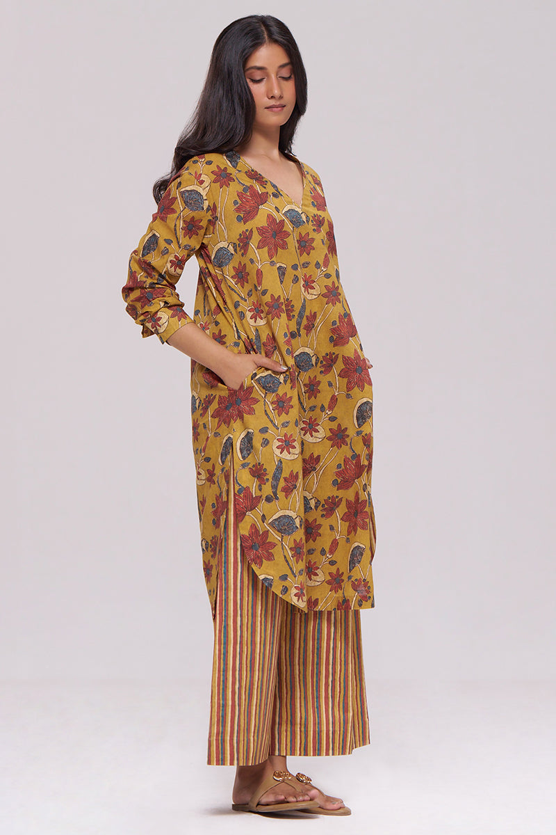 Mustard and Brick Red Floral Kurta and Stripe Bottom Set