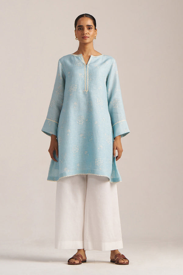 Canal Blue Linen Hand-Printed Kurta