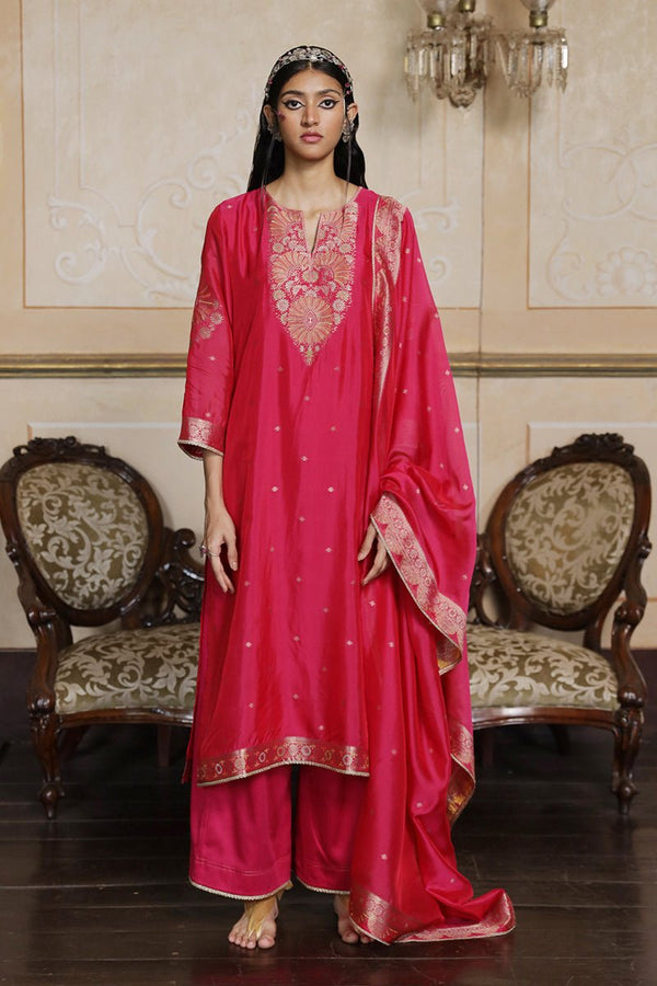 Fuchsia Pink Woven Silk Salwar Suit
