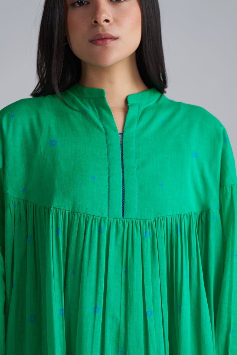 Green dress worn by a person on a gray background, Holly Green Mul Mul Co-ord Set for Women | Ganga Fashions