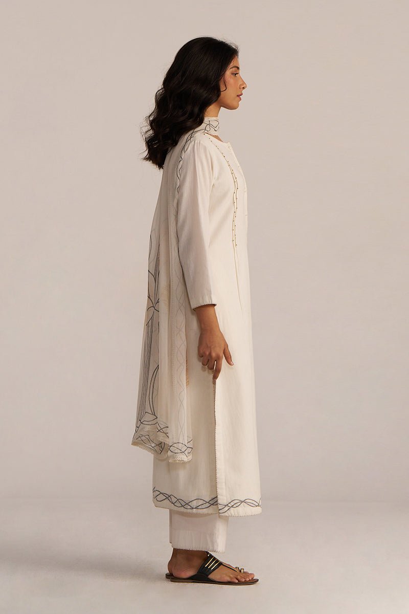 Off-White Cotton Woven Kurta Set