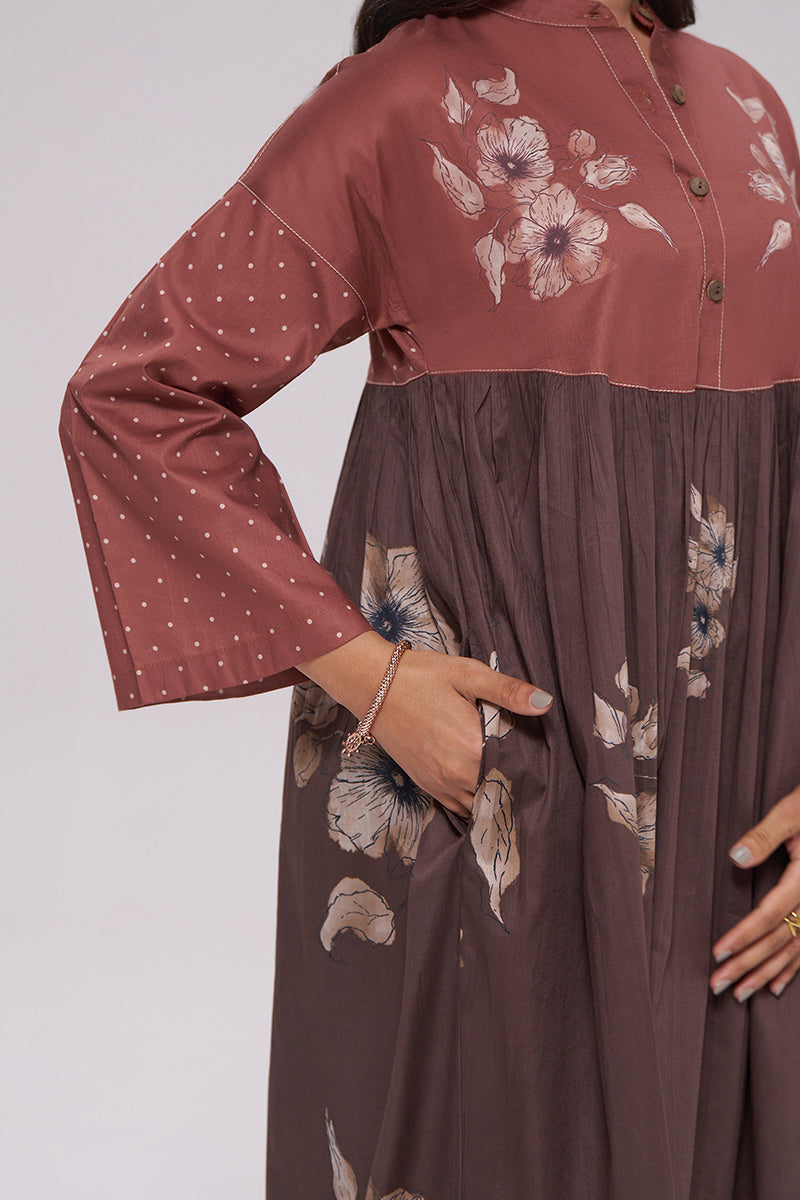 Rust and Warm Cocoa Floral Kurta With Stripe Bottom Set