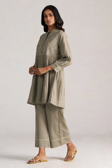 Woman wearing a green outfit with wide-leg pants on a light gray background | Buy Grey Co-ord Set for Women | Rangmanch Collection - Ganga Fashions
