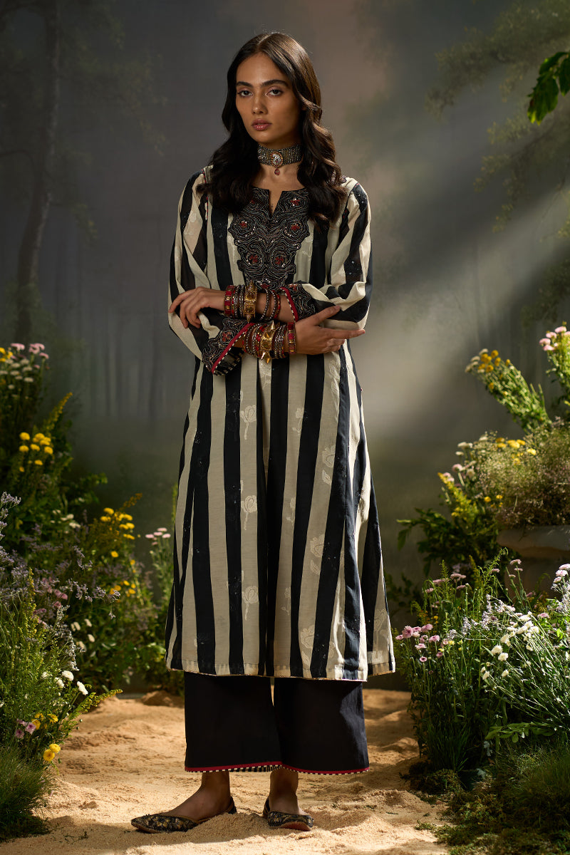 Black and Off White Stripe Traditional Co-ord Set