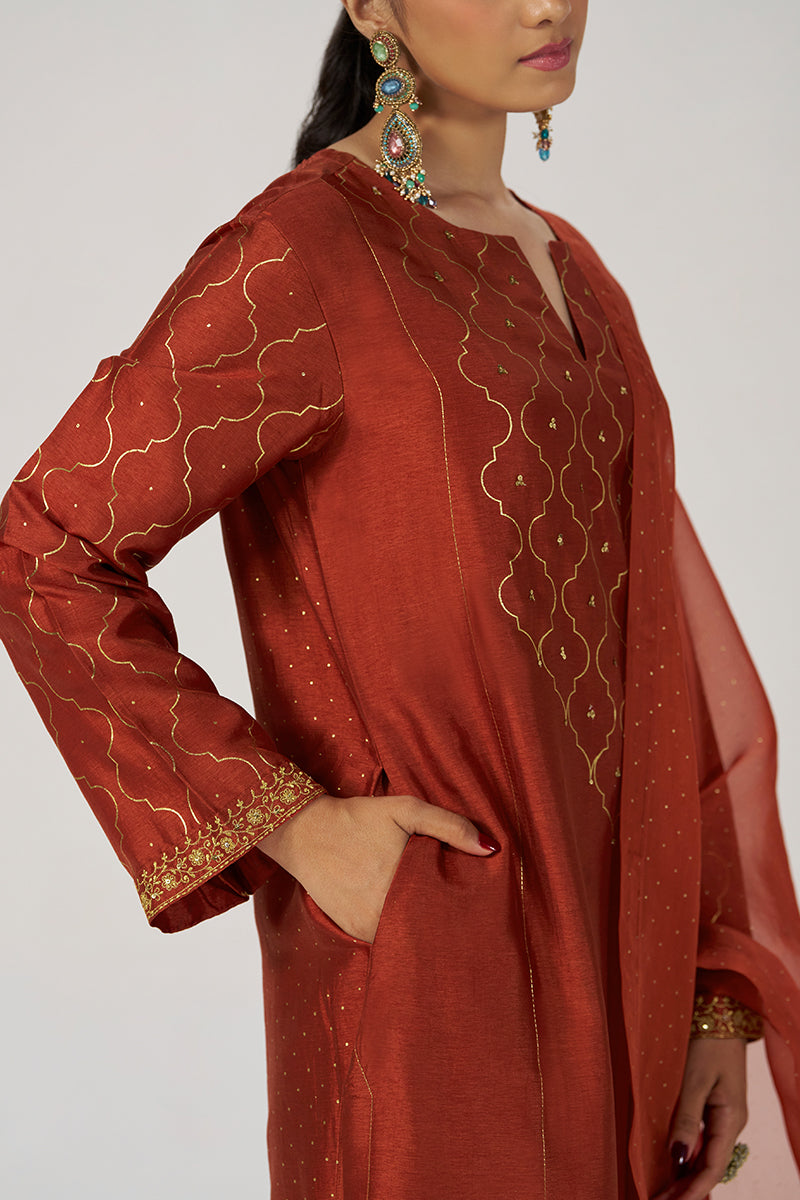 Rust Raw Silk Festive Kurta Set