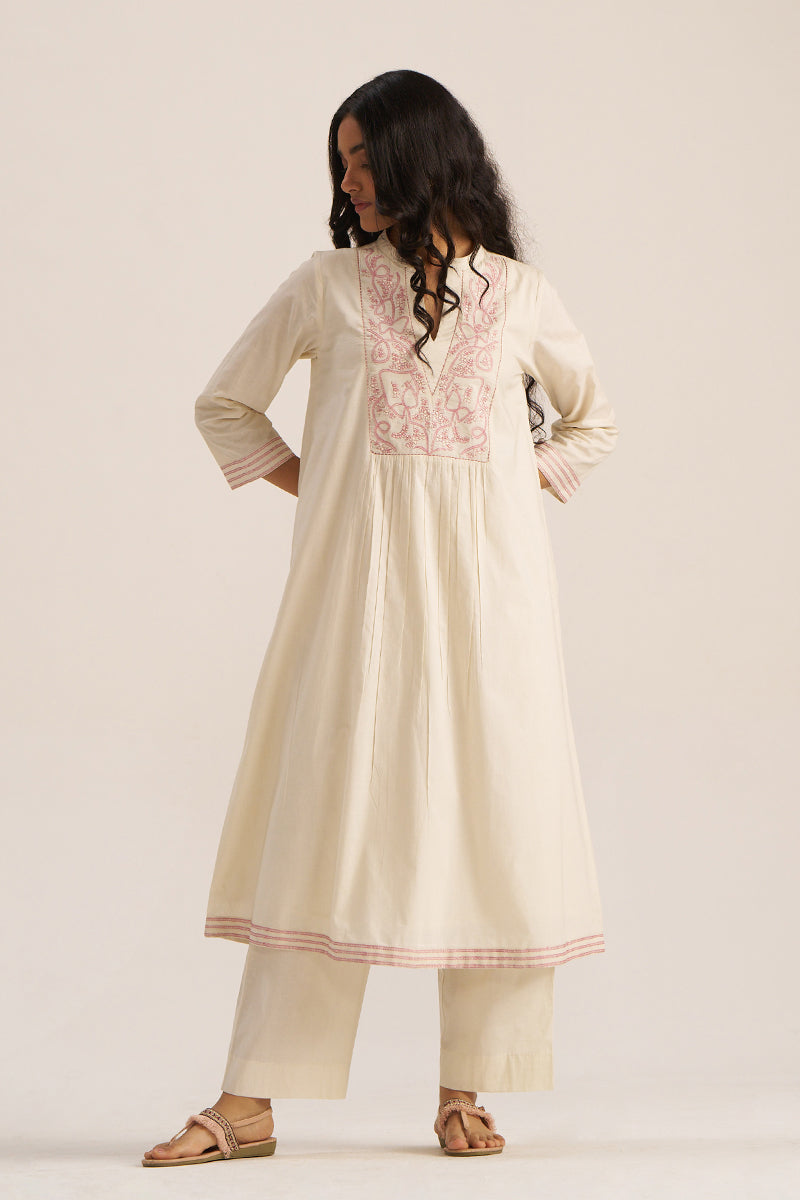 Ivory and Pink Embroidered Cotton Co-ord Set