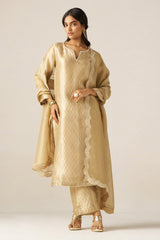 Fog Beige and Golden Woven Tissue Festive Kurta Set