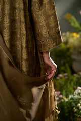 Olive Green Silk Print Festive Kurta Set