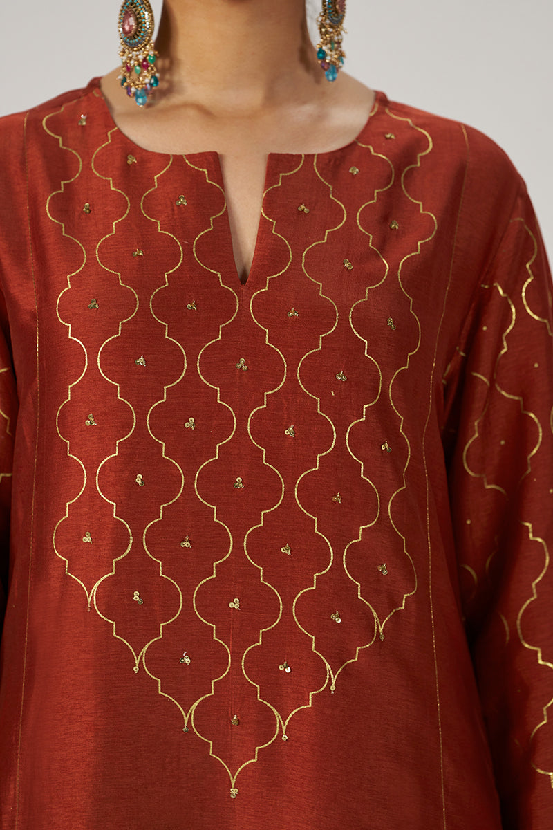 Rust Raw Silk Festive Kurta Set