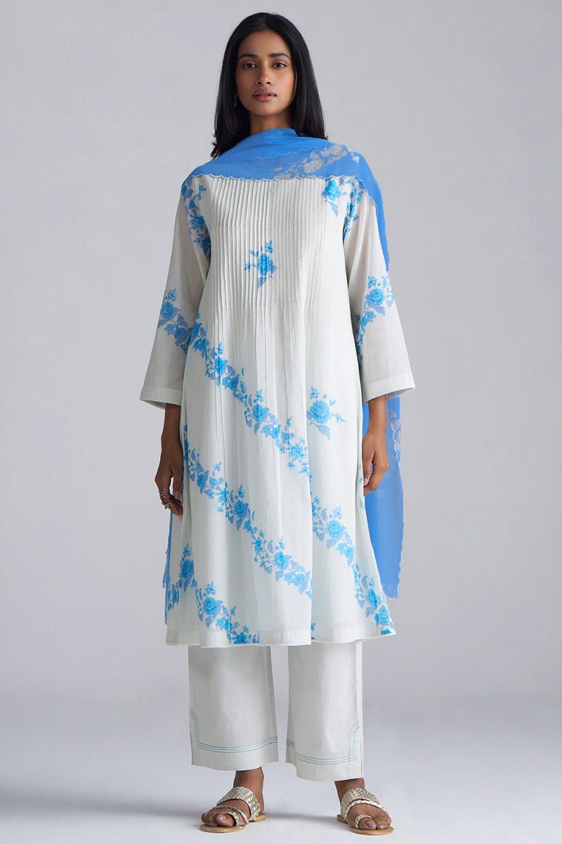 Azure Blue and Dull White Mul-Mul Kurta Set