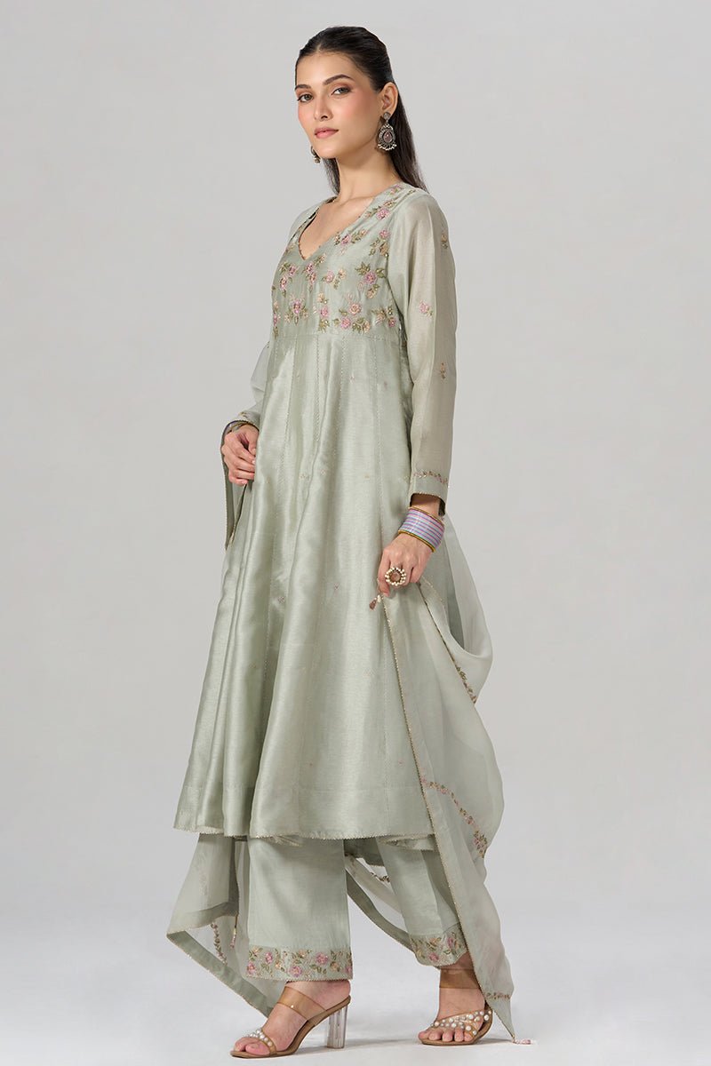 Silver Birch Grey Embroidered Festive Anarkali Set - Ganga Fashions