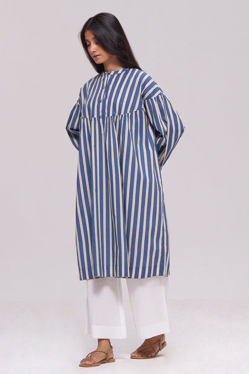 Blue and Cream Striped Cotton Kurta With White Bottom Set