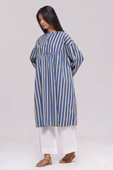 Blue and Cream Striped Cotton Kurta With White Bottom Set