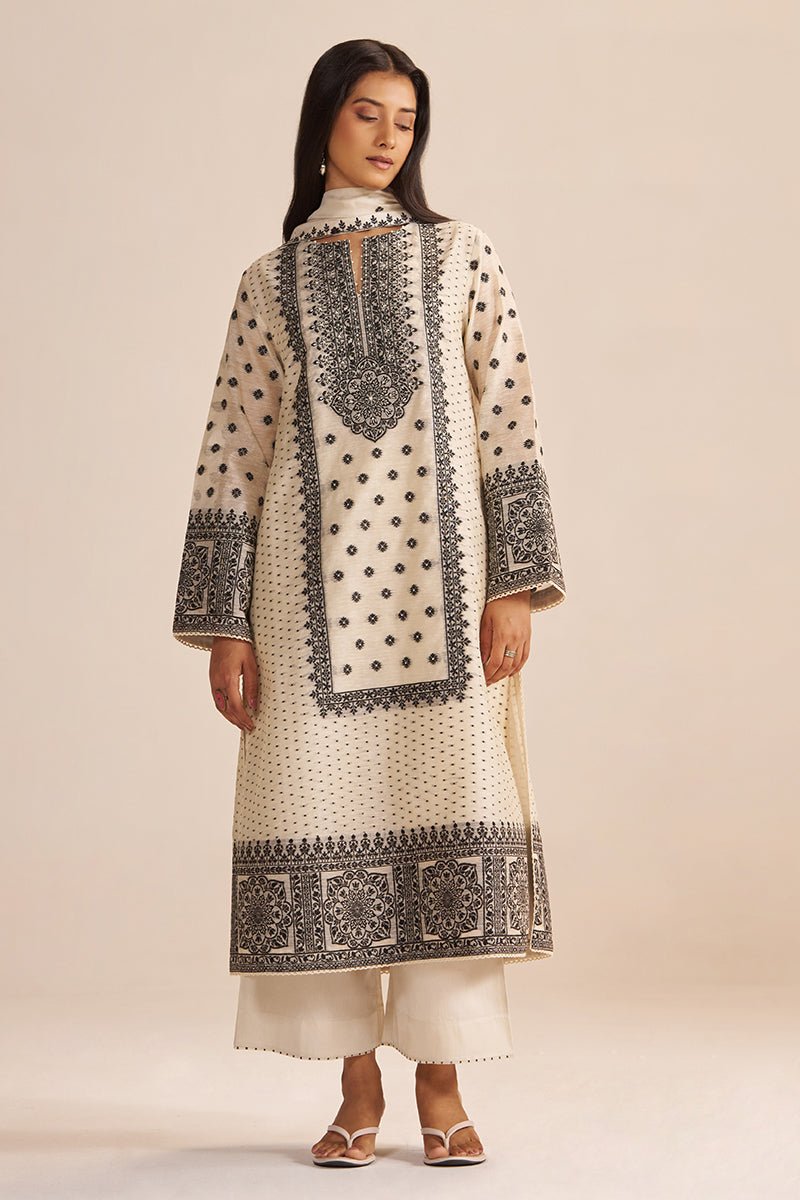 Butter Creame Woven Kurta Set - Ganga Fashions