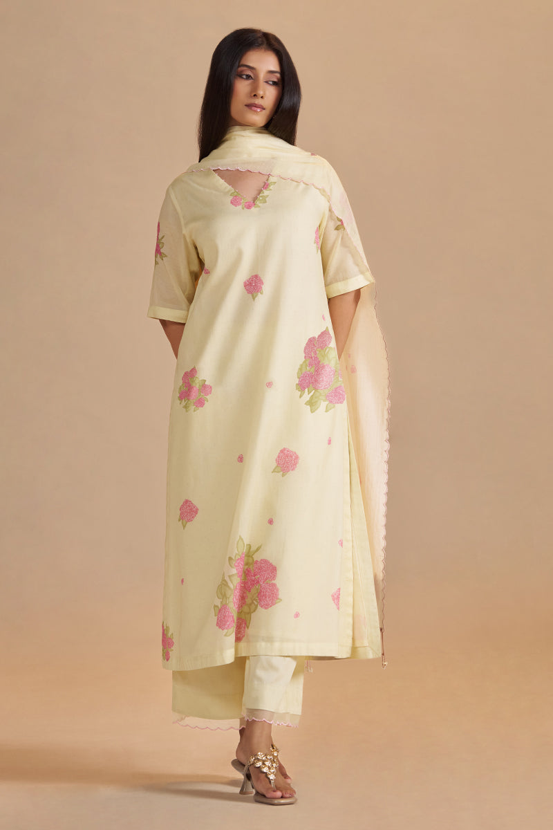 Butter Yellow Mul-Chanderi Kurta Set